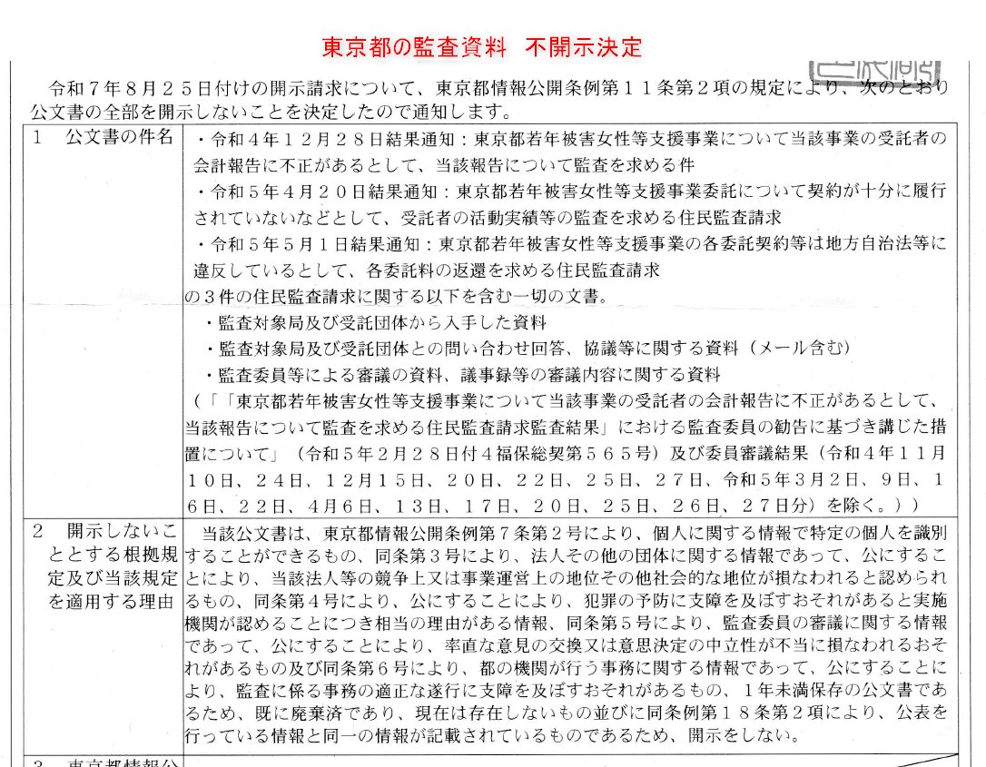 若年被害女性等支援事業の住民監査にて東京都及び横浜市は共に「勧告」となった。東京都と横浜市の双方に監査資料の開示請求を行った。
横浜市は氏名等をマスキングした程度で基本開示。東京都は一切不開示でした。東京都の隠蔽体質及び情報公開法を踏みにじる運用が明らかになりました。