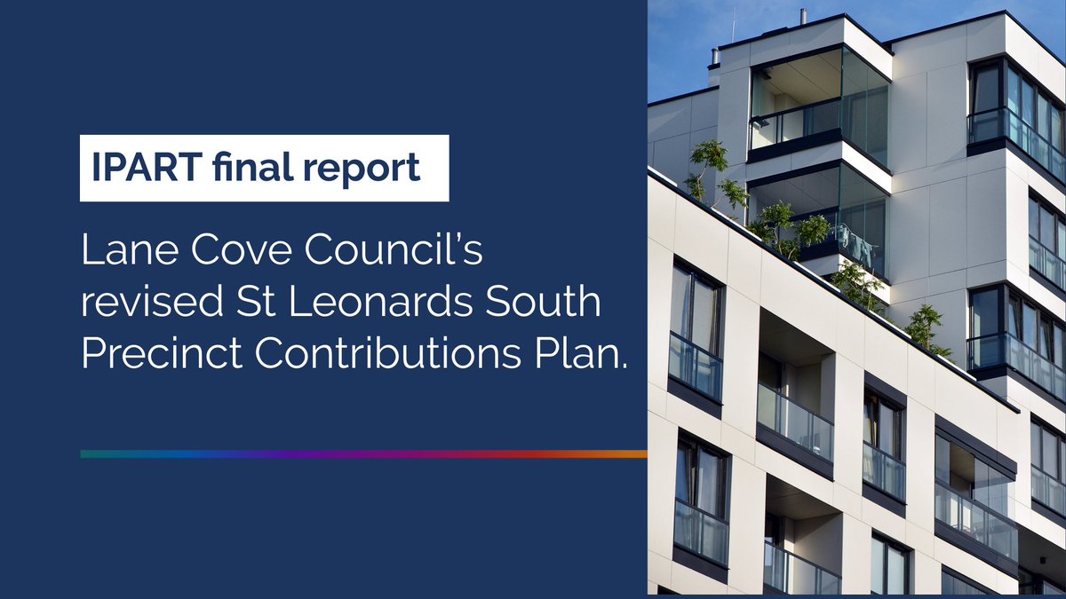 IPARTNSW's tweet image. We’ve published our Final Report on Lane Cove Council’s revised St Leonards South Precinct Contributions Plan. IPART has made 5 recommendations.

Read the full report on our website: ipart.nsw.gov.au/documents/fina…