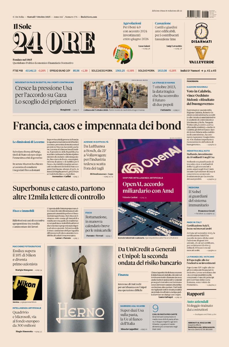 sole24ore's tweet photo. Sulla prima pagina de #IlSole24Ore di oggi, martedì #7ottobre. #Francia, caos e impennata dei bond. #Superbonus e #catasto, partono altre 12mila lettere di controllo. Da UniCredit a Generali e Unipol: la seconda ondata del #risiko bancario. #buonalettura #primapagina https://t.co/xJWoXHmwwc