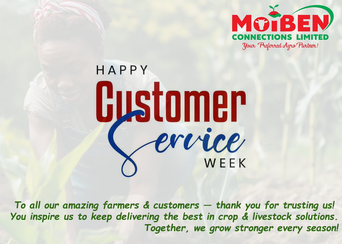 Mcl_kenya's tweet image. 💚🌾 Happy Customer Service Week!
To our amazing farmers &amp;amp; customers — thank you for trusting Moiben Connections! 🙏
Together, we grow stronger every season. 🚜🌱
#CustomerServiceWeek #MoibenConnections #FarmSmart #ThankYouFarmers