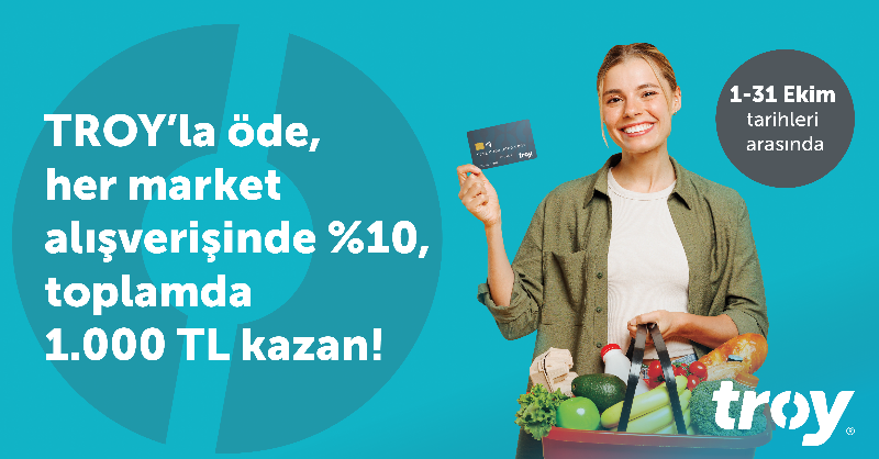 TroyOdeme's tweet photo. TROY logolu bireysel kartınla Ekim ayı boyunca yapacağın her market alışverişinde %10, toplamda 1.000 TL nakit iade kazan!