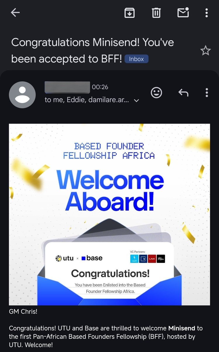 _ChrisOketch's tweet image. GM!
I'm happy to announce that @_Minisend has been accepted for the @base Founders Fellowship Africa programme.
Base intentional with builders,so build something you believe in.
Grateful for this opportunity to bring the world onchain,still day one!