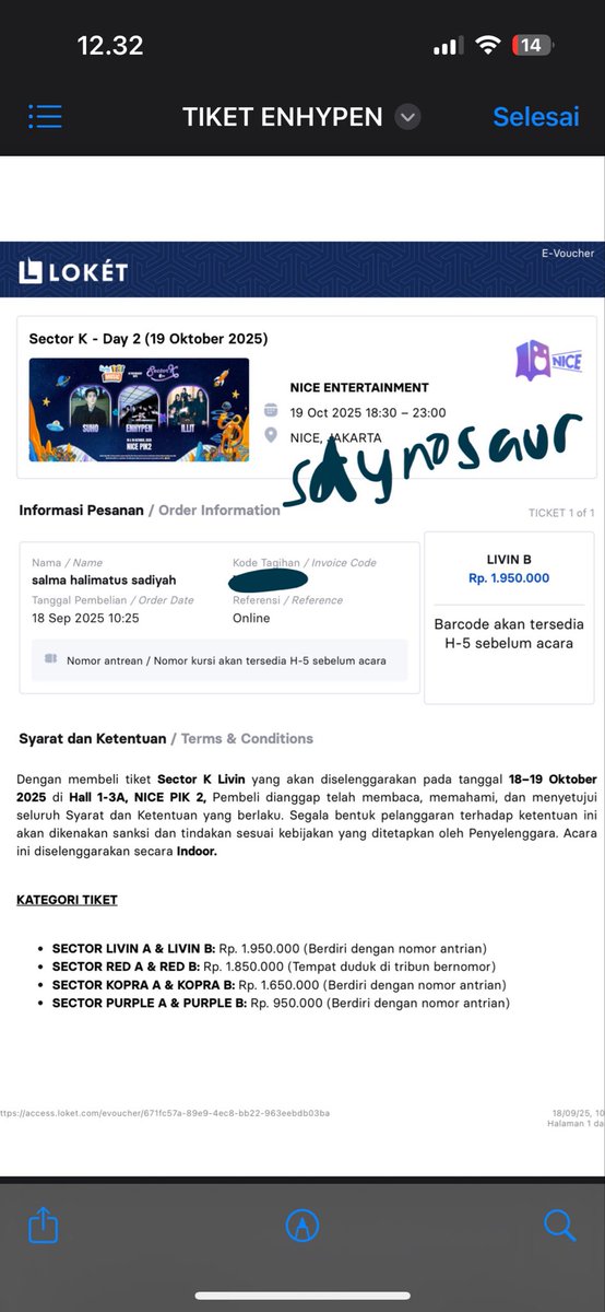 sdynosaur's tweet photo. wts livin B nicevents sector K enhypen suho lilit, day 2, 19 oct, presale mandiri, 1.800, harga web 2.250, underprice, dom semarang/jakpus bisa cod #wtb #wts #enhypen #suho #illit https://t.co/5Z1Z9KN9a1