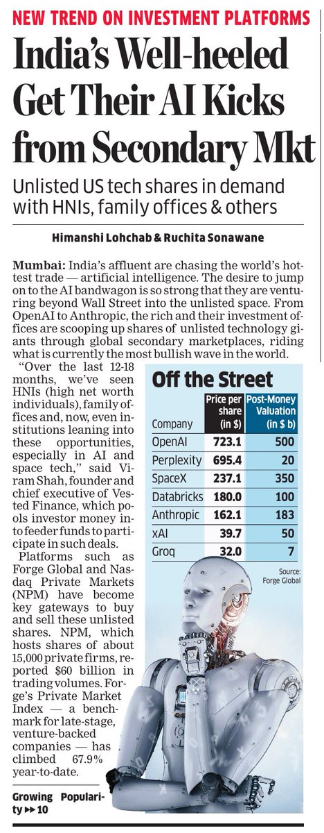 India’s HNIs are joining the AI gold rush by subscribing to shares of unlisted tech giants - OpenAI, Anthropic, xAI on secondary marketplaces like Forge Global &amp; Nasdaq Private Markets long before they hit Wall Street. Loved writing this with my favourite colleague <a href="/RuchitaET/">Ruchita Sonawane</a>
