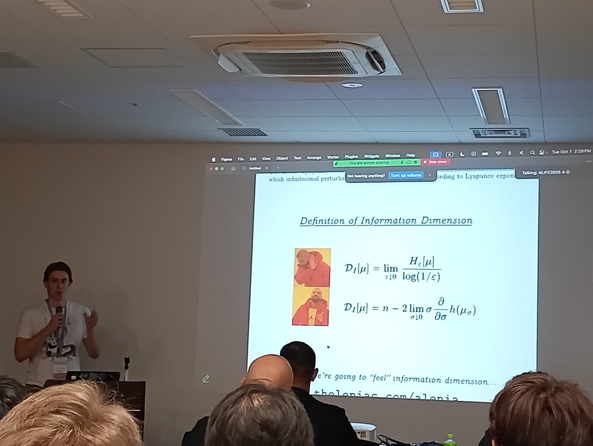 amahury0's tweet photo. Ivan Yevenko explains to us how to use dynamical systems theory to quantify complexity in asymptotic Lenia, a continuous cellular automaton enabling the modeling of complex emergent behaviors like pattern formation and open-ended evolution.
#DistributedCiphers #ALIFE2025 https://t.co/Tos4FwlGuY