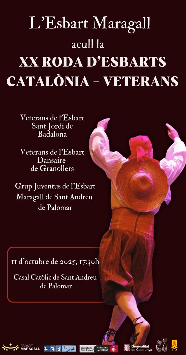 Aquest cap de setmana torna la Roda d’Esbarts Catalònia, aquest cop a casa! Hi veurem l’Esbart Sant Jordi de Badalona, els Veterans de l’Esbart Dansaire de Granollers i el grup Juventus de l’Esbart Maragall

🗓️ Dissabte 11/10
📍Casal Catòlic de Sant Andreu
⏰ 17:30h

Vindreu? 🫡