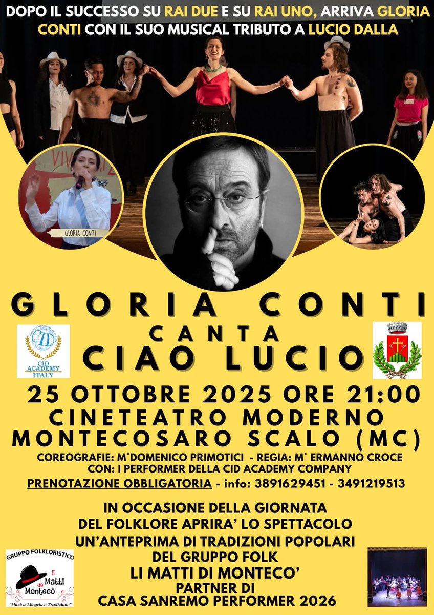 li_matti's tweet photo. 🗓️ 𝗦𝗔𝗕𝗔𝗧𝗢 𝟮𝟱 𝗢𝗧𝗧𝗢𝗕𝗥𝗘
🕒 Ore 21.00
📍 Cineteatro Moderno - Montecosaro Scalo (MC)
𝗚𝗹𝗼𝗿𝗶𝗮 𝗖𝗼𝗻𝘁𝗶 𝗖𝗔𝗡𝗧𝗔 𝗖𝗜𝗔𝗢 𝗟𝗨𝗖𝗜𝗢
🎶  Musical completo, tra balli, coreografie e tanto canto per omaggiare il grande cantautore LUCIO DALLA 🎶 
/share/p/BAPMx5zoJo https://t.co/zyTxmtcljv