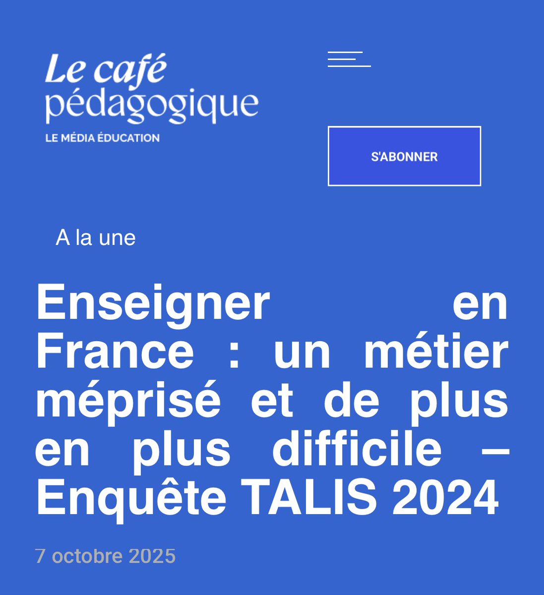 La comparaison internationale documente qu’enseigner en France, c’est : un métier de + en + difficile et méprisé. + de pressions, + d’élèves avec des profils diversifiés, +de temps pour la discipline en classe, + de stress…et moins de formations et d’argent.<a href="/cafepedagogique/">Le café pédagogique</a>