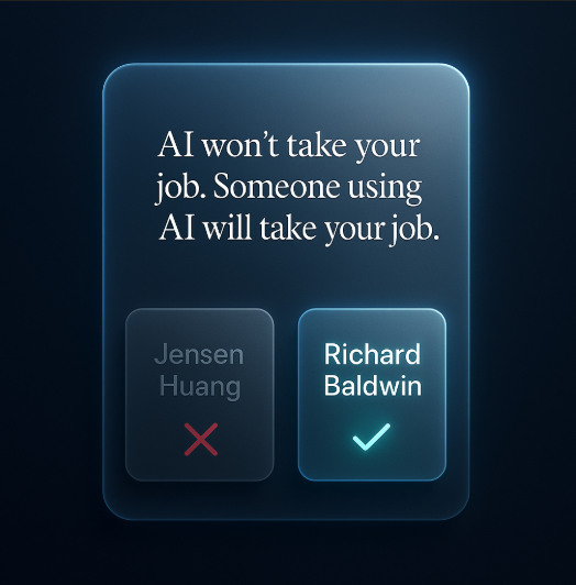 VWaenerlund's tweet photo. “AI kommer inte ta ditt jobb.
Men någon som använder AI kommer att göra det.”

Folk tror Jensen Huang sa det.
Det var Richard Baldwin – en forskare, inte en techprofil.

Vissa väntar på policies.
Andra bygger redan nytt.

AI handlar inte om tillgång, utan om mod. https://t.co/N1NI6c6EKt