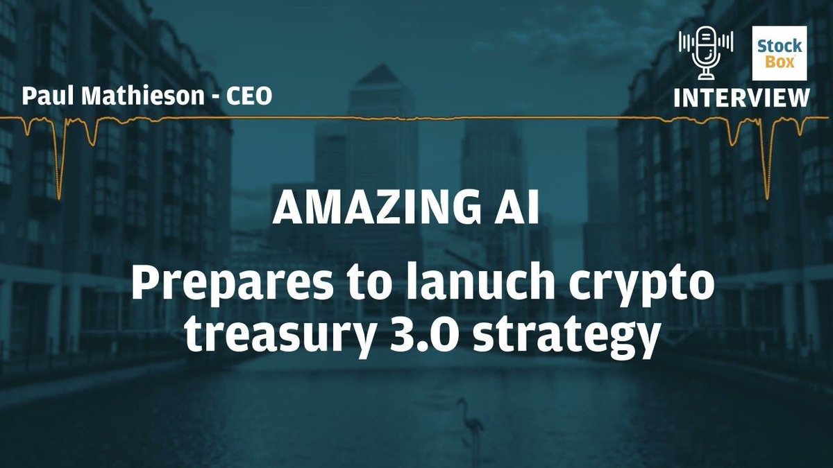 StockBoxMedia's tweet photo. Amazing AI Prepares to Launch Crypto Treasury 3.0 Strategy

@StockBoxMedia spoke to Paul Mathieson, CEO of Amazing AI (AQSE:AAI) who discussed the company’s recent strategic funding shift and its crypto-lending roadmap.

Watch below ⬇
https://t.co/Xp42RLleOf

➡ WRAP Offer Cancelled – The company dropped its retail access platform to instead opt for a £5M loan facility from the CEO – minimising shareholder dilution.

➡ Dual Strategy Funding – Funds will be split between high-margin U.S. consumer lending (59.9% interest) and crypto treasury investments, keeping operations lean and profitable.

➡ Crypto Expansion Imminent – With crypto markets heating up, Amazing AI plans to begin purchasing assets within weeks, positioning itself as a non-dilutive, dual-revenue crypto player.