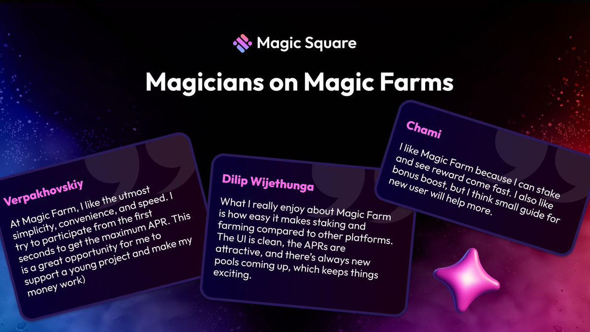 MagicSquareio's tweet image. Magicians have spoken 🌾

From clean UI to fast rewards, here’s what the community loves about Magic Farms. 

Discover it yourself 👉 buff.ly/8Ce0jE0