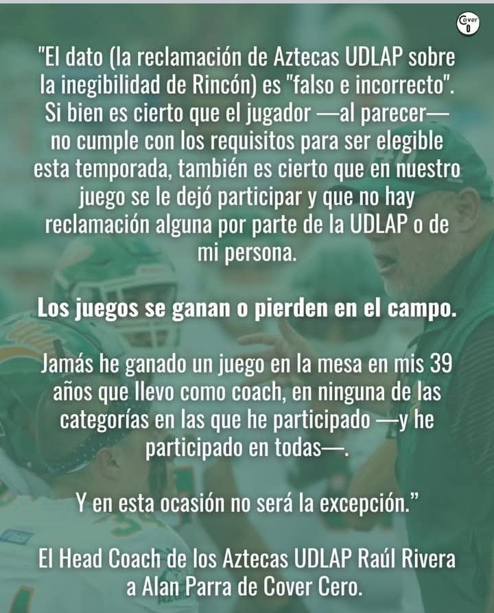 Sebastián Moreno (@sebasfootball) on Twitter photo Aquí una versión no es cierta.
Uno, como buen chismoso que es, preguntó a un par de fuentes.
Efectivamente, el reclamo sobre la elegibilidad de Rincón vino de quien representa a la UDLA en las juntas de <a href="/OnefaOficial/">ONEFA Oficial</a>.
O el HC no supo, o echó otra mentirilla. Aquí una versión no es cierta.
Uno, como buen chismoso que es, preguntó a un par de fuentes.
Efectivamente, el reclamo sobre la elegibilidad de Rincón vino de quien representa a la UDLA en las juntas de <a href="/OnefaOficial/">ONEFA Oficial</a>.
O el HC no supo, o echó otra mentirilla.