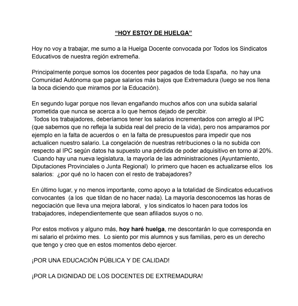“HOY ESTOY DE HUELGA”

Hoy no voy a trabajar, me sumo a la Huelga Docente convocada por Todos los Sindicatos Educativos de nuestra región extremeña.  

¡POR UNA EDUCACIÓN PÚBLICA Y DE CALIDAD!

¡POR LA DIGNIDAD DE LOS DOCENTES DE EXTREMADURA!