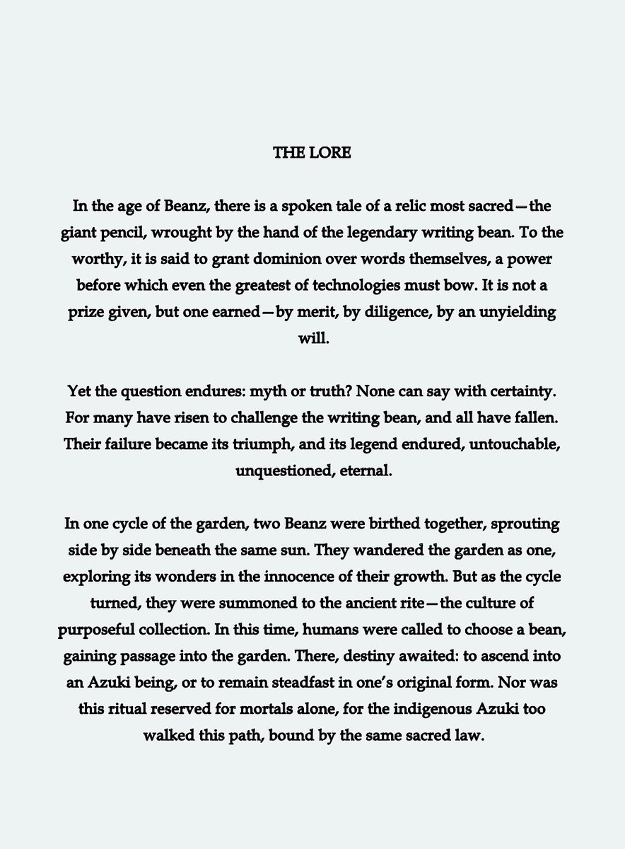 0x_Ugo's tweet image. A Bean Tale, a work of art, an extension of culture, and the reflection of man in a Bean.
A satirical urban fantasy world where creativity and skill are currency, and where relics aren't just tools, but history, obsession and recognition.
Welcome to The Beanz You Know 🫘