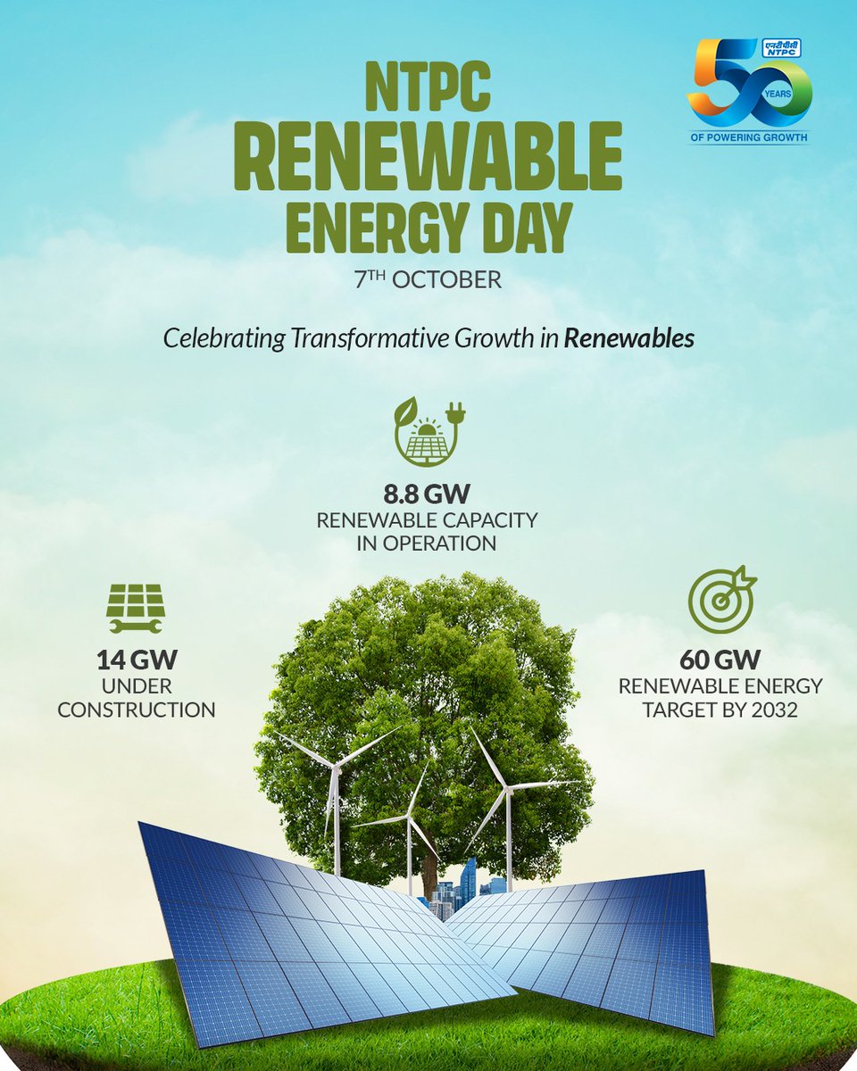 ntpclimited's tweet image. NTPC proudly celebrates its journey of powering India’s renewable energy revolution. 

Since its inception on 7th October 2020, NTPC Renewable Energy Limited (NREL) has been at the forefront of this transformation, turning ambition into action and vision into impact.…