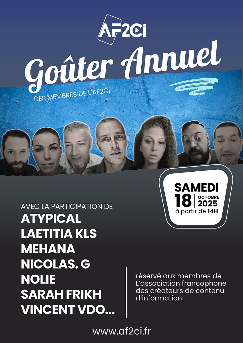 AF2CI (@af2ci) on Twitter photo Censure et propagande politico-médiatique, rencontrez vos créateurs de contenus d'information préférés lors de notre goûter annuel le 18 octobre à 14h00 à Argenteuil. 
Réservez vos places sur af2ci.fr@gmail.com en indiquant vos noms et prénoms Censure et propagande politico-médiatique, rencontrez vos créateurs de contenus d'information préférés lors de notre goûter annuel le 18 octobre à 14h00 à Argenteuil. 
Réservez vos places sur af2ci.fr@gmail.com en indiquant vos noms et prénoms