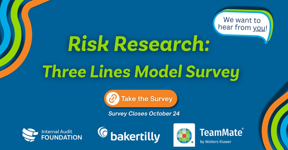 IIA_INDONESIA's tweet photo. Help shape the future of the profession!
The IIA Foundation’s Global Risk Research: Three Lines Model Survey is now live. Click the link below to share your insights.
Survey Link: https://t.co/pd79D7TQzQ
#GlobalSurvey #ThreeLinesModel #RiskGovernance #Risk #IIA #InternalAudit https://t.co/JNutVr1idP
