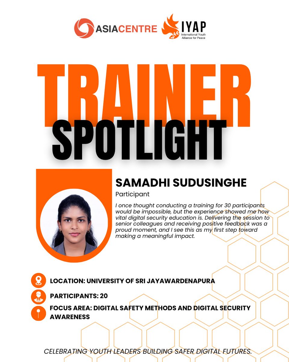 IYAP_org's tweet photo. Contd.

6 youth trainers. 6 workshops. 6 reflections.

Swipe through their stories of turning training into community impact.

@asiacentre_org

#DigitalSafety #YouthImpact #YouthLeadership https://t.co/BbmEI00T1i