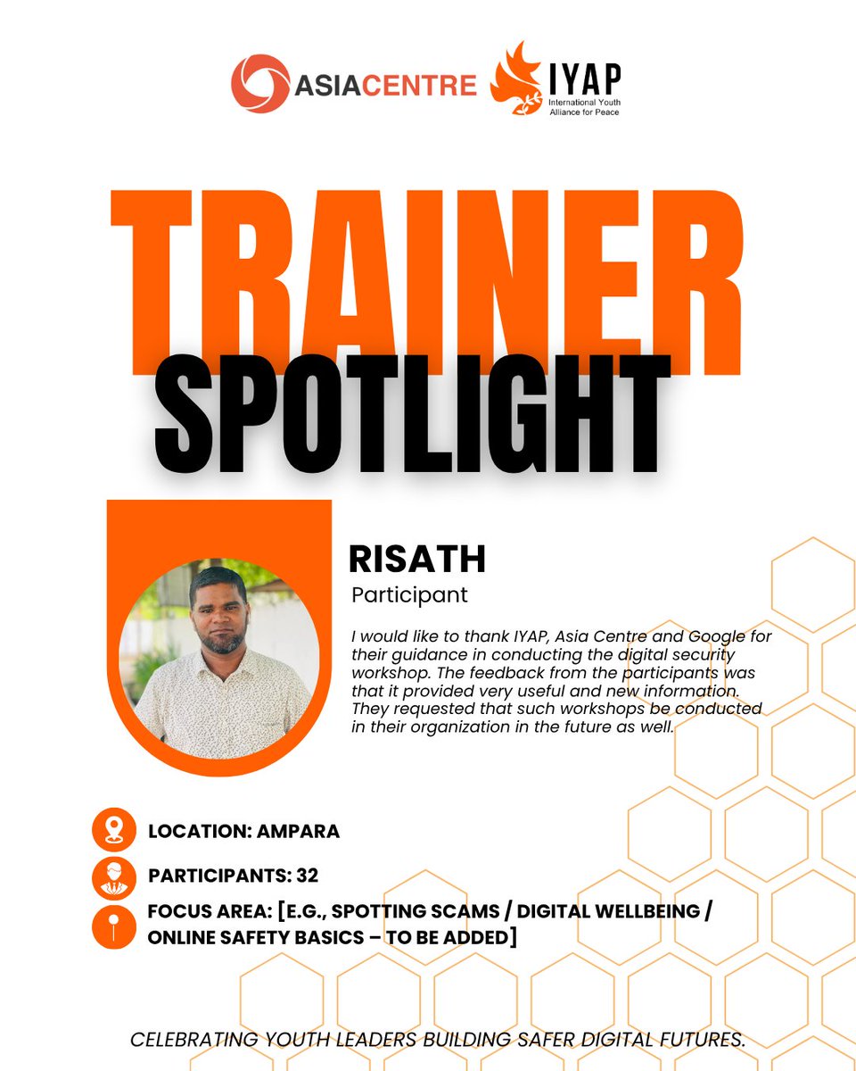 IYAP_org's tweet photo. Contd.

6 youth trainers. 6 workshops. 6 reflections.

Swipe through their stories of turning training into community impact.

@asiacentre_org

#DigitalSafety #YouthImpact #YouthLeadership https://t.co/BbmEI00T1i