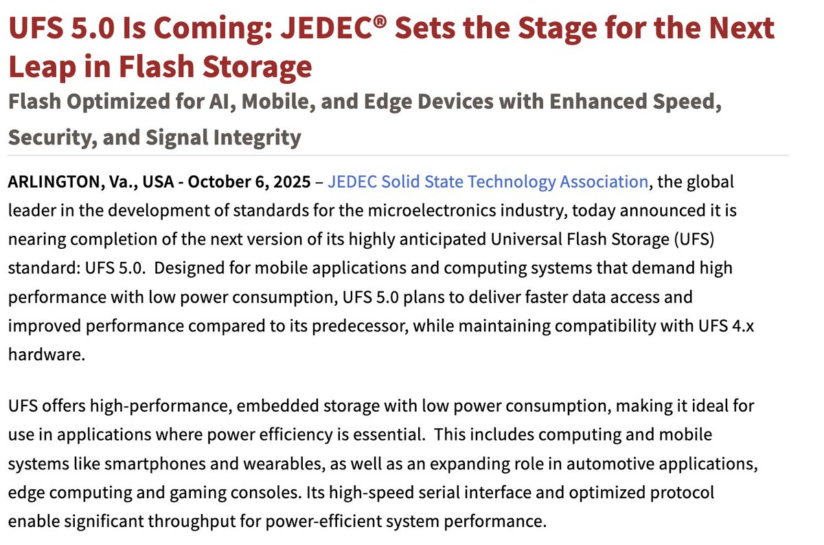 ayansonunigam's tweet image. JEDEC has confirmed UFS 5.0—the next big leap in flash storage —expected in 2026.

👉Up to 10.8 GB/s sequential
performance
🤯~46.6 Gb/s bandwidth per lane
👉Backward compatible with UFS 4.x
👉Built for Al, mobile, and
high-performance devices

#UFS5 #JEDEC #FlashStorage