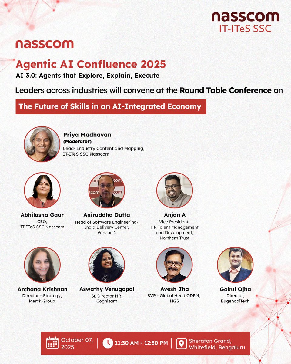 sscnasscom's tweet photo. The future of work will take center stage as industry and academic leaders come together for the Round Table Discussion on “The Future of Skills in an AI-Integrated Economy.”
#SSCNasscom #AI #AgenticAI #workforceofthefuture #Nasscom #bengaluru #DigitalTransformation https://t.co/eQWoPapTuo