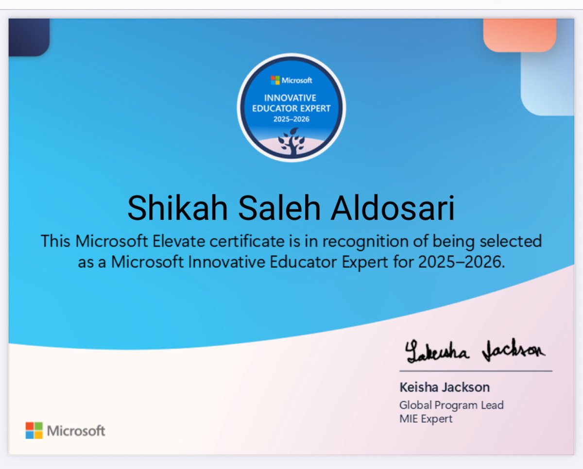 30Shik's tweet image. اللهم لك الحمد والشكر حصولي على 💐

#خبير_مايكروسوفت_للتعلم_الإبداعي لعام 2025-2026
#MIEExpert
@Microsoft_Saudi
@MicrosoftLearn
@Microsoft
@abeermehdar
@MScreativeteam