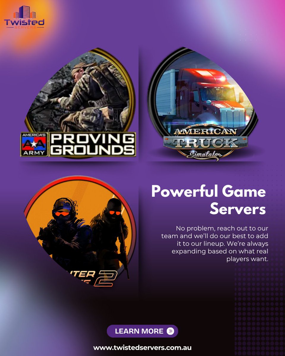 Twisted_Servers's tweet image. Power up your gameplay with servers built to match your passion. ✌️

From tactical shooters to immersive simulators, we host the titles gamers love most and keep expanding with what YOU want next.

Ready for smooth, lag-free sessions?

Explore more at twistedservers.com.au 👆