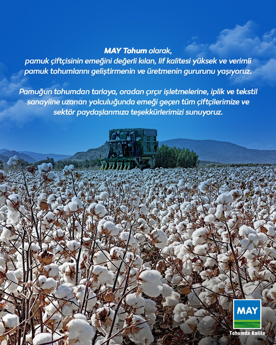 Bugün 7 Ekim Dünya Pamuk Günü...
MAY Tohum olarak, pamuk çiftçisinin emeğini değerli kılan, lif kalitesi yüksek ve verimli pamuk tohumlarını geliştirmenin ve üretmenin gururunu yaşıyoruz.

#MAYTohum #TohumdaKalite #DünyaPamukGünü #PamukGünü #Pamuk