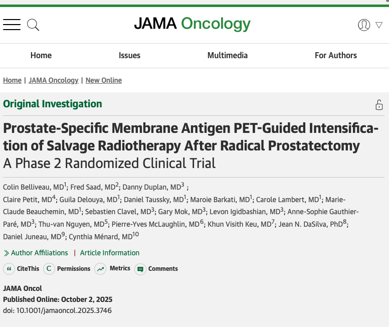 APCCC_Lugano's tweet photo. Prostate-Specific Membrane Antigen PET-Guided Intensification of Salvage Radiotherapy After Radical Prostatectomy

https://t.co/4kndeP56jG

In this phase 2 randomized clinical trial evaluating PSMA-guided intensification of salvage radiotherapy (PSMAiSRT) after radical prostatectomy, 128 patients with biochemical recurrence were randomized to receive either standard-of-care salvage radiotherapy (SRT) or PSMA-PET/CT-guided, lesion-targeted SRT. Over a median follow-up of 37 months, PSMAiSRT significantly improved failure-free survival (HR 0.50, P = .04) and eugonadal failure-free survival (HR 0.45, P = .03), particularly among patients with PSA levels ≥0.3 ng/mL (HR 0.17, P = .01), without increasing toxicity or compromising quality of life. 

These findings suggest that PSMA-PET–guided SRT enables isotoxic intensification that enhances cancer control compared with standard imaging–based approaches, warranting confirmation in an ongoing phase 3 trial. #ProstateCancer

@ColinBelliveau_
@taussky
@mbarkati
@AcadianRO 

@OncoAlert 🚨
@Silke_Gillessen 
@AOmlin 
@nataliagandur 
@bavilima