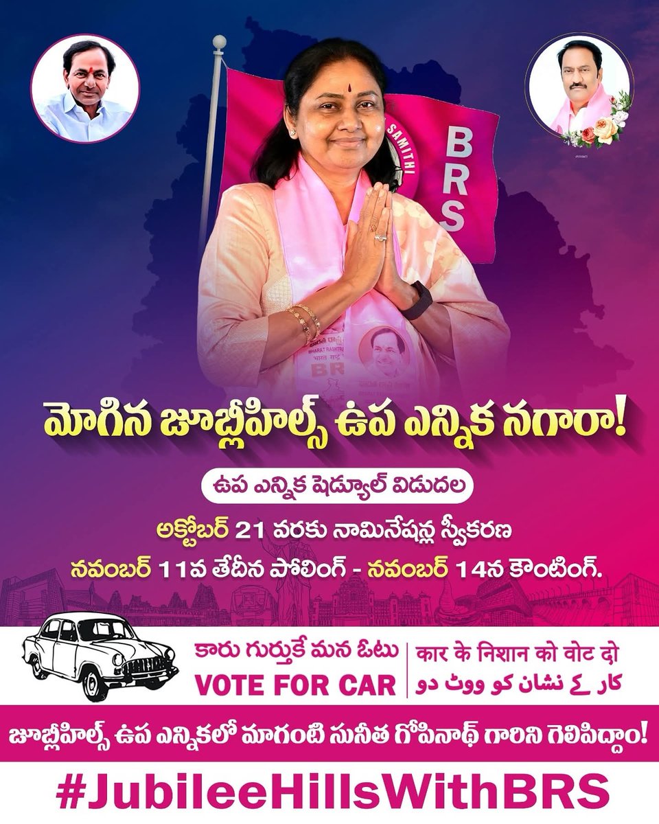 TRSPreethiReddy's tweet photo. జూబ్లీహిల్స్ ఉప ఎన్నికలో కారు గుర్తుకే ఓటేద్దాం!
మాగంటి సునీత గోపినాథ్ గారిని గెలిపిద్దాం!
కాంగ్రెస్ అరాచక పాలనను అంతం చేద్దాం!!
#JubileeHillsWithBRS
#voteforcar🚗
#CongressFailedTelangana
#CongressLootsTelangana
#CongressMuktTelangana
#Scamgress
#RevanthReddyFailedCM https://t.co/daGMYgkolI