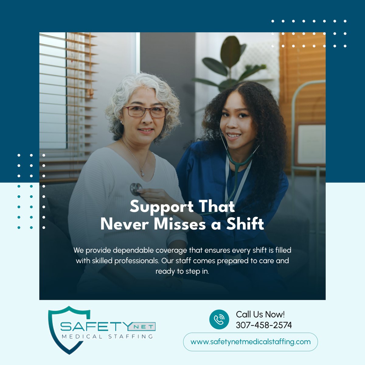 safetynetmdstaf's tweet image. Our professionals are always ready to step in. 💼 Let’s talk about how we can support your care team. Call us today! 

#CheyenneWY #HealthcareStaffing #ShiftCoverage #SkilledProfessionals #CareContinuity