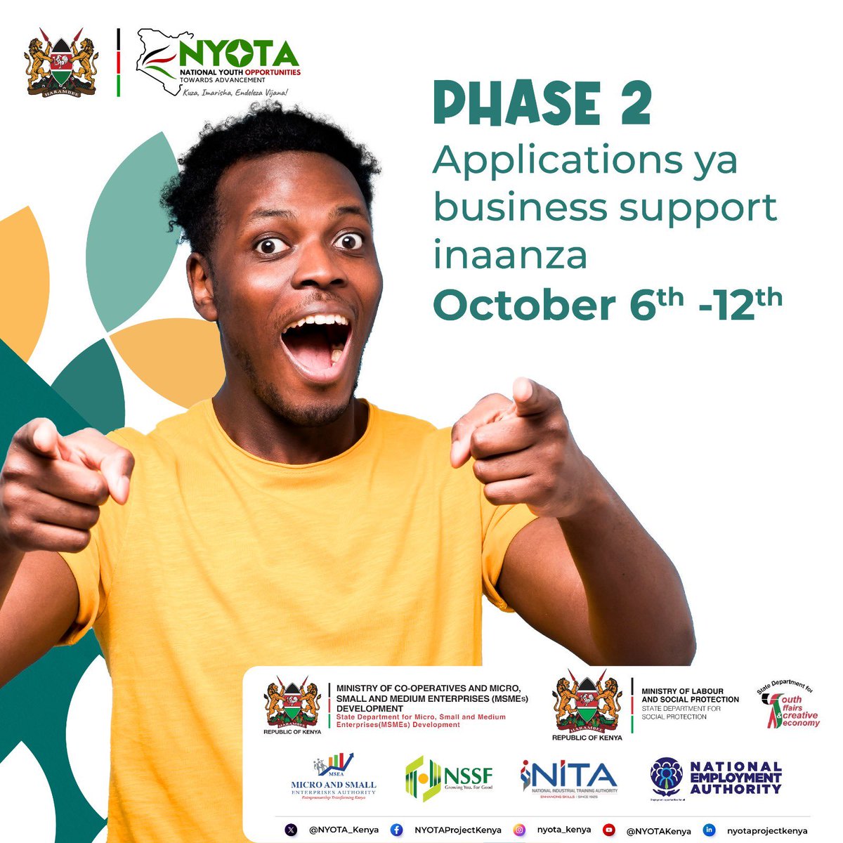 The PS delivered, and the action is HERE
Remember Prof. Shaukat Abdulrazak's remarks on innovation at the KYAF Launch? The NYOTA Project is a key part of that vision.
Phase 2: Applications for business support are open from Oct 6th - 12th!
Dial *254# to begin. 
#NYOTAProjectKenya