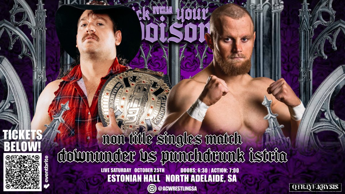 🚨MATCH ANNOUNCEMENT!🚨

Dean Brady has picked Downunder's poison! 
Punchdrunk Istria returns to ACW as Brady's hired gun, Downunder will have his hands full with this notorious assassin. 
🎟eventbrite.com.au/e/acw-presents…