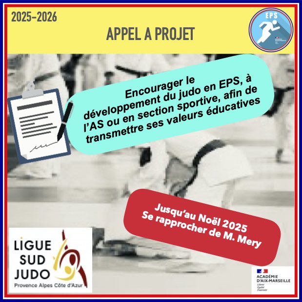 EPS_ac_aix_mars's tweet image. 🥋 Appel à projet – Judo à l’école !
Envie de faire bouger ta programmation  ? 💪
La @LigueJudoPACA &amp;amp; le @acAixMarseille lancent un projet pour développer le judo en EPS, à l’AS ou en section sportive !
🏅 30 judogis + parrainage olympique !
📧 bruno.mery@ac-aix-marseille.fr