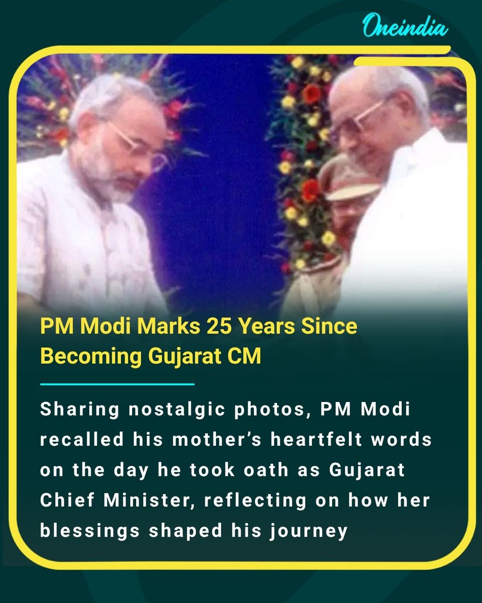 Oneindia's tweet image. 25 years since his first oath as Gujarat CM — PM Modi remembers his mother’s touching words and the beginning of his inspiring journey

#PMModi #25Years #GujaratCM #OnThisDay #Inspiration #ModiJourney #Throwback #PoliticalUpdate #OI