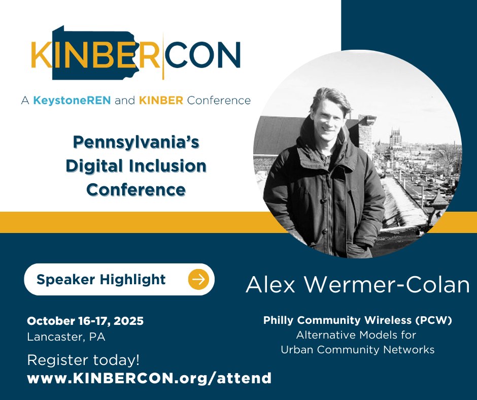 KINBER's tweet photo. Alex Wermer-Colan joins us at #KINBERCON 2025 to present on 'Alternative Models for Urban Community Networks' - where he'll share insights on the need for publicly accessible internet to bridge the digital divide.
Register today and join us! https://t.co/yoqTi80QOk https://t.co/e9xvSMgSEO