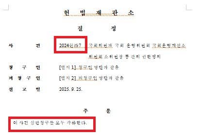 김경호 변호사

【칼럼】  헌법재판소 '각하'라는 벽에 부딪힌 무능한 국민의 힘 법조인 출신 국회의원들

한 사건이 있었다. 대한민국의 헌법을 수호해야 할 국회의원들이 수호는 커녕 스스로의 무지를 만천하에 드러낸 사건이다. 그들은 법리적 기초조차 없는 청구를 헌법재판소에 내밀었고, 결과는