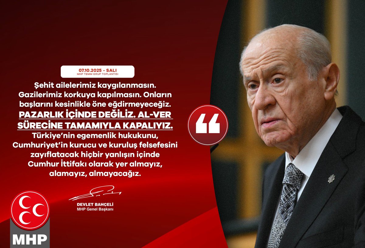 _MHPistanbul_'s tweet image. Şehit ailelerimiz kaygılanmasın. Gazilerimiz korkuya kapılmasın. Onların başlarını kesinlikle öne eğdirmeyeceğiz.
Pazarlık içinde değiliz. Al-ver sürecine tamamıyla kapalıyız.
Türkiye’nin egemenlik hukukunu, Cumhuriyet’in kurucu ve kuruluş felsefesini zayıflatacak hiçbir yanlışın…