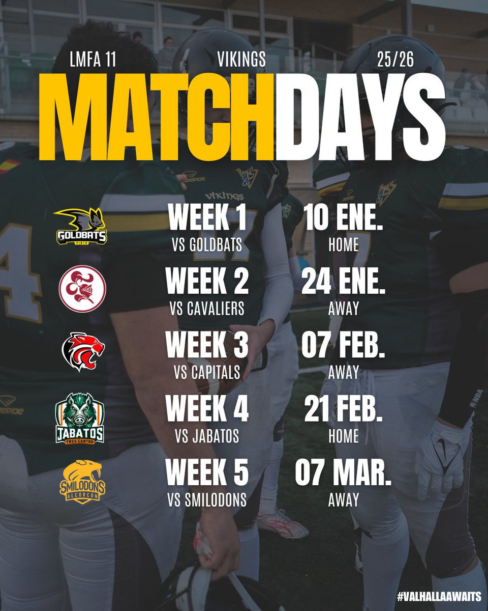 📣 ¡Ya tenemos calendario! 🏈

La temporada 25/26 está a punto de comenzar y nuestros Vikings ya tienen marcadas las fechas para cada batalla ⚔️

Nos vemos en casa el 10 de enero

¡SKOL! #ValhallaAwaits 🪓💚