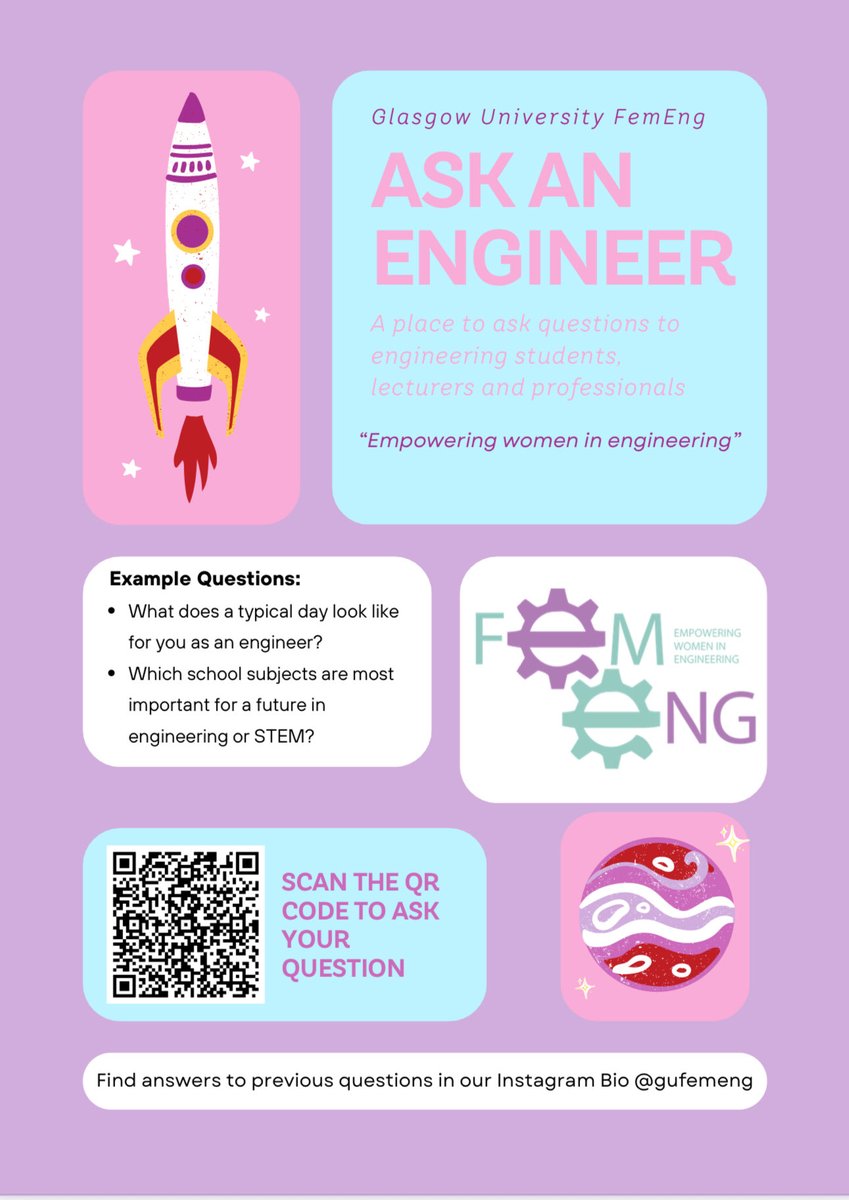 Heads up for all pupils considering a future in engineering. Scan the qr code below to ask the amazing engineering students, academics and industry professionals at Glasgow Uni any questions about careers, pathways or experiences. <a href="/StAndrewsRCSec/">St Andrew's Secondary School</a> <a href="/UofGfemeng/">UofG FemEng</a>