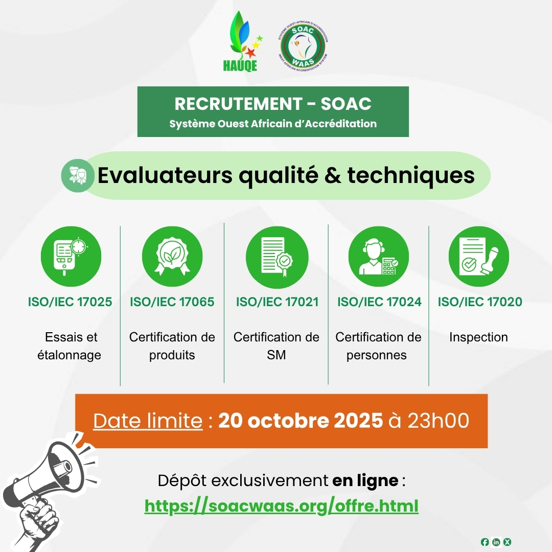 HauqeTogo's tweet photo. Le #SOAC recrute des évaluateurs qualité & techniques en : (ISO/IEC 17025, 17065, 17021, 17024, 17020).
Date limite : 20 oct 2025 à 23h
Postulez : https://t.co/4zNmQKeJWP
Infos :HAUQE – Tél. (+228) 22 55 35 54 / 90 23 08 14 – Mail : secretariat@hauqe.tg
#Accréditation #Qualité https://t.co/XDYmW0GWAg