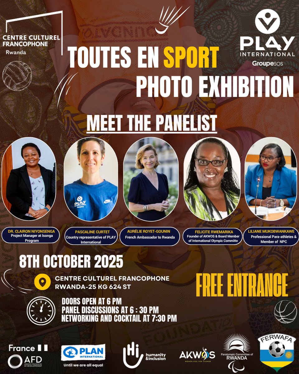 PLAY International Rwanda (@rwandaplay) on Twitter photo 📢 Only 1 day to go!
Meet the panelists for the “Sport & Women in Rwanda Call to Action” round table happening tomorrow evening at <a href="/IF_Rwanda/">Institut Français du Rwanda</a> Kigali 🇷🇼
As a part of Toutes En Sport photo exhibition
🕕 6–8 PM
🎟️ Free entrance
🥂 Cocktail to follow
#ToutesEnSport #WomenInSport 📢 Only 1 day to go!
Meet the panelists for the “Sport & Women in Rwanda Call to Action” round table happening tomorrow evening at <a href="/IF_Rwanda/">Institut Français du Rwanda</a> Kigali 🇷🇼
As a part of Toutes En Sport photo exhibition
🕕 6–8 PM
🎟️ Free entrance
🥂 Cocktail to follow
#ToutesEnSport #WomenInSport