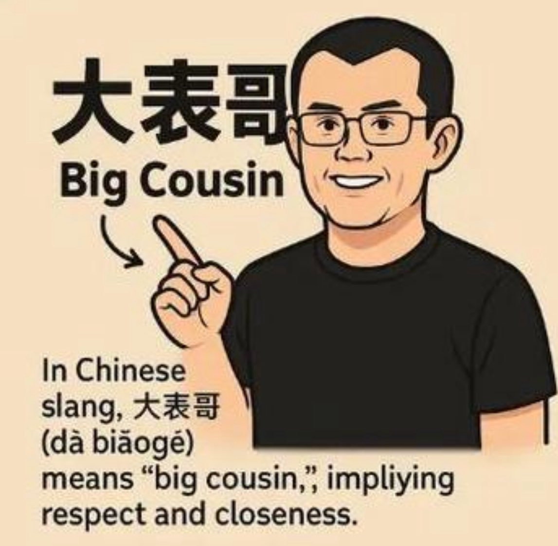 中文meme 目前唯一跟CZ强关联的，CZ之前还用这个图片当过头像，还怕老外不懂，用英语普及#大表哥0x782dc29289a1754a7b9bfc809e8b136e5b854444