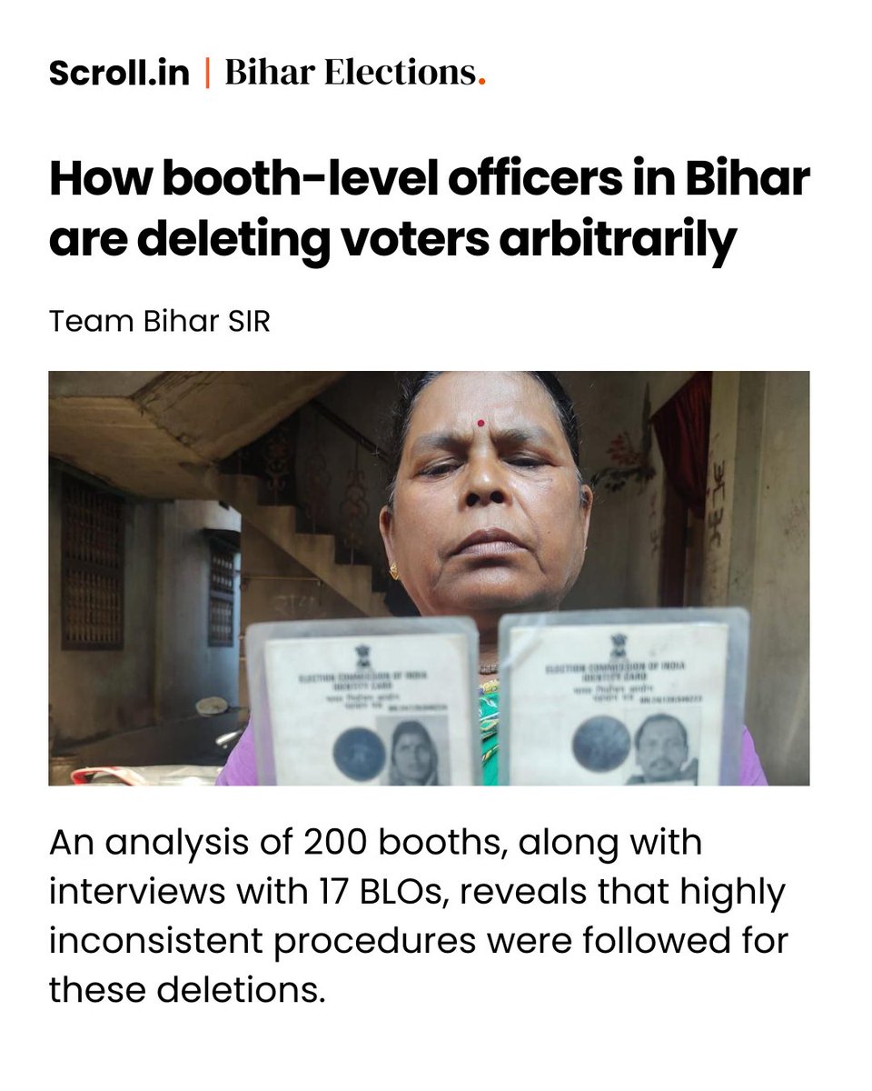 Booth-level officers in Bihar are arbitrarily deleting voters. Our analysis revealed that 200 booths across 58 constituencies in 26 districts recorded unusually high deletions – the names of between 324 to 641 voters were deleted in these booths.

scroll.in/article/108653…