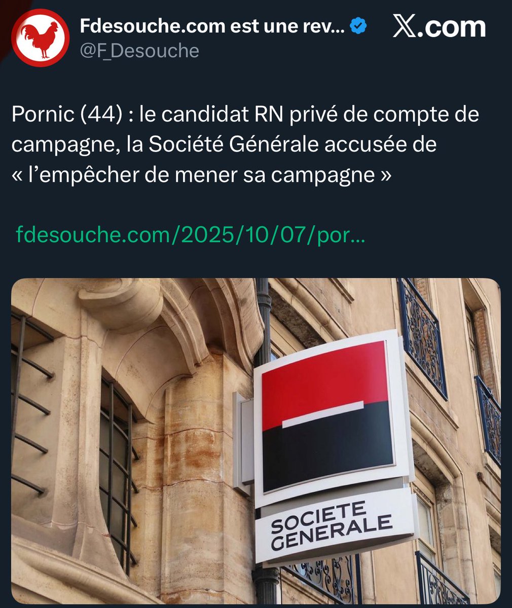 Quand les banques font de la politique. 

La Société Générale refuse d’ouvrir un compte à un candidat RN.  

J’appelle donc tous les sympathisants, électeurs RN à clôturer vos comptes à la <a href="/SocieteGenerale/">Societe Generale Group</a> puisque vous n’y êtes apparemment pas les bienvenus. 😉