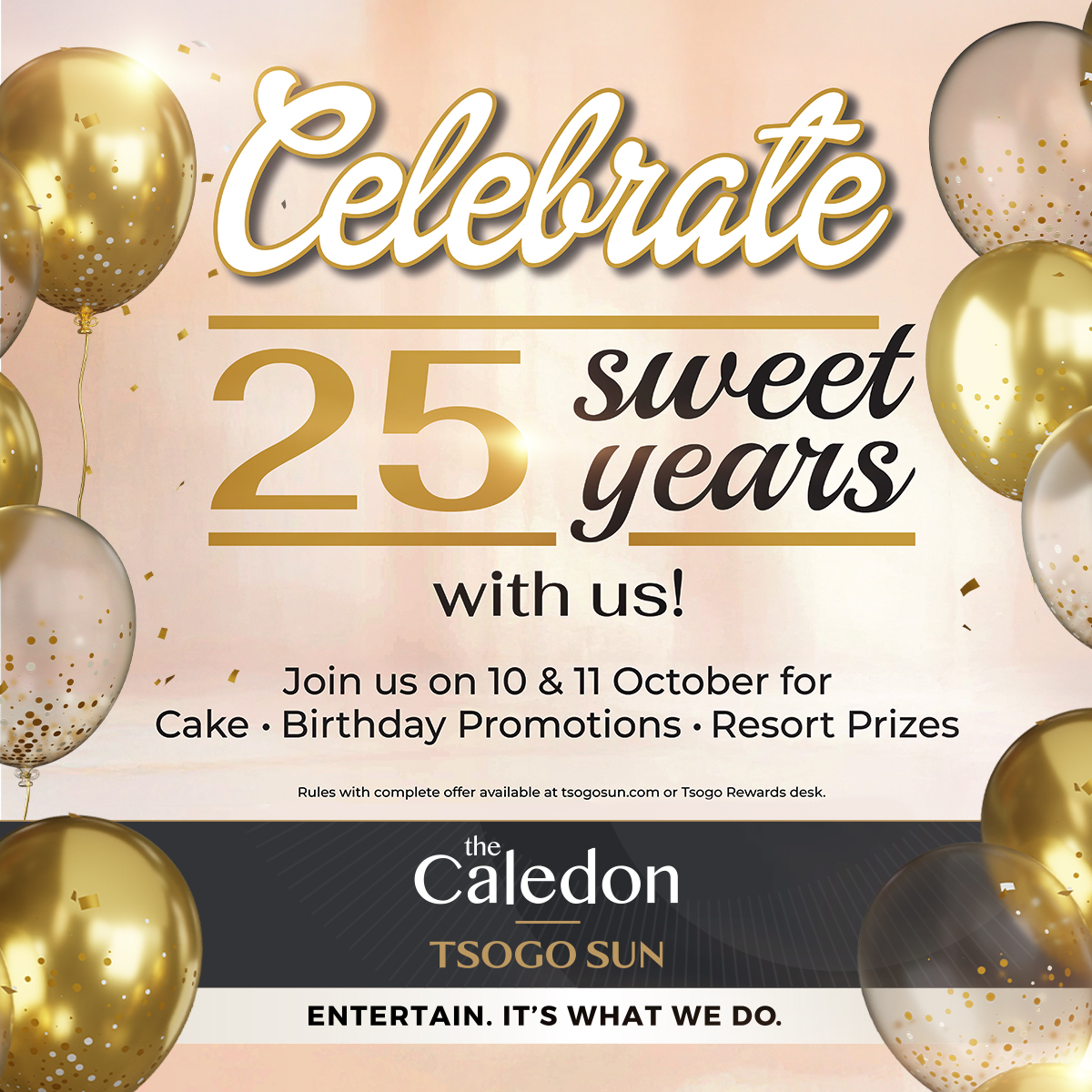 tsogosun's tweet photo. 🎉 𝐈𝐭’𝐬 𝐩𝐚𝐫𝐭𝐲 𝐭𝐢𝐦𝐞 𝐚𝐭 𝐓𝐡𝐞 𝐂𝐚𝐥𝐞𝐝𝐨𝐧! 🎂
Join the fun as we celebrate 25 sweet years on 10 &amp; 11 October. Enjoy cake, birthday promotions and exciting resort prizes throughout the celebration! 🎁
#TheCaledon #TsogoSun #BirthdayCelebration #25YearsOfFun https://t.co/Fj8uJ82wMb