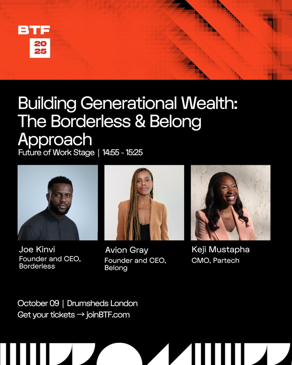 Borderless (@onborderless) on Twitter photo London! We’re live at <a href="/BlackTechFest/">BTF®</a> this Thursday.
Our founder <a href="/joekinvi/">Joe Kinvi of Borderless</a> joins Avion Gray (Belong) & <a href="/keji_osf/">Keji Mustapha</a> (<a href="/PartechPartners/">Partech</a>) to discuss how tech, culture & finance drive wealth and how we can build legacy!
Visit our stand & let's chat about co-investing in Africa! London! We’re live at <a href="/BlackTechFest/">BTF®</a> this Thursday.
Our founder <a href="/joekinvi/">Joe Kinvi of Borderless</a> joins Avion Gray (Belong) & <a href="/keji_osf/">Keji Mustapha</a> (<a href="/PartechPartners/">Partech</a>) to discuss how tech, culture & finance drive wealth and how we can build legacy!
Visit our stand & let's chat about co-investing in Africa!