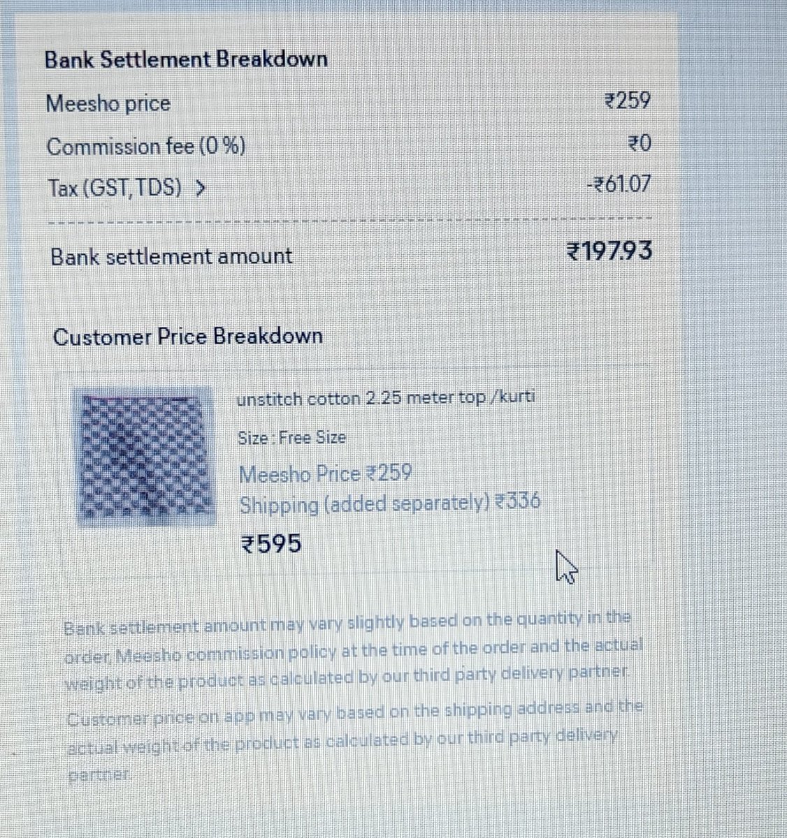 Syedzakeraman's tweet photo. @Meesho_Official @meesho_support @meeshotech 
Meesho sell price 259
Shipping charges 336
Wait 100mg https://t.co/StxD1FYGyE