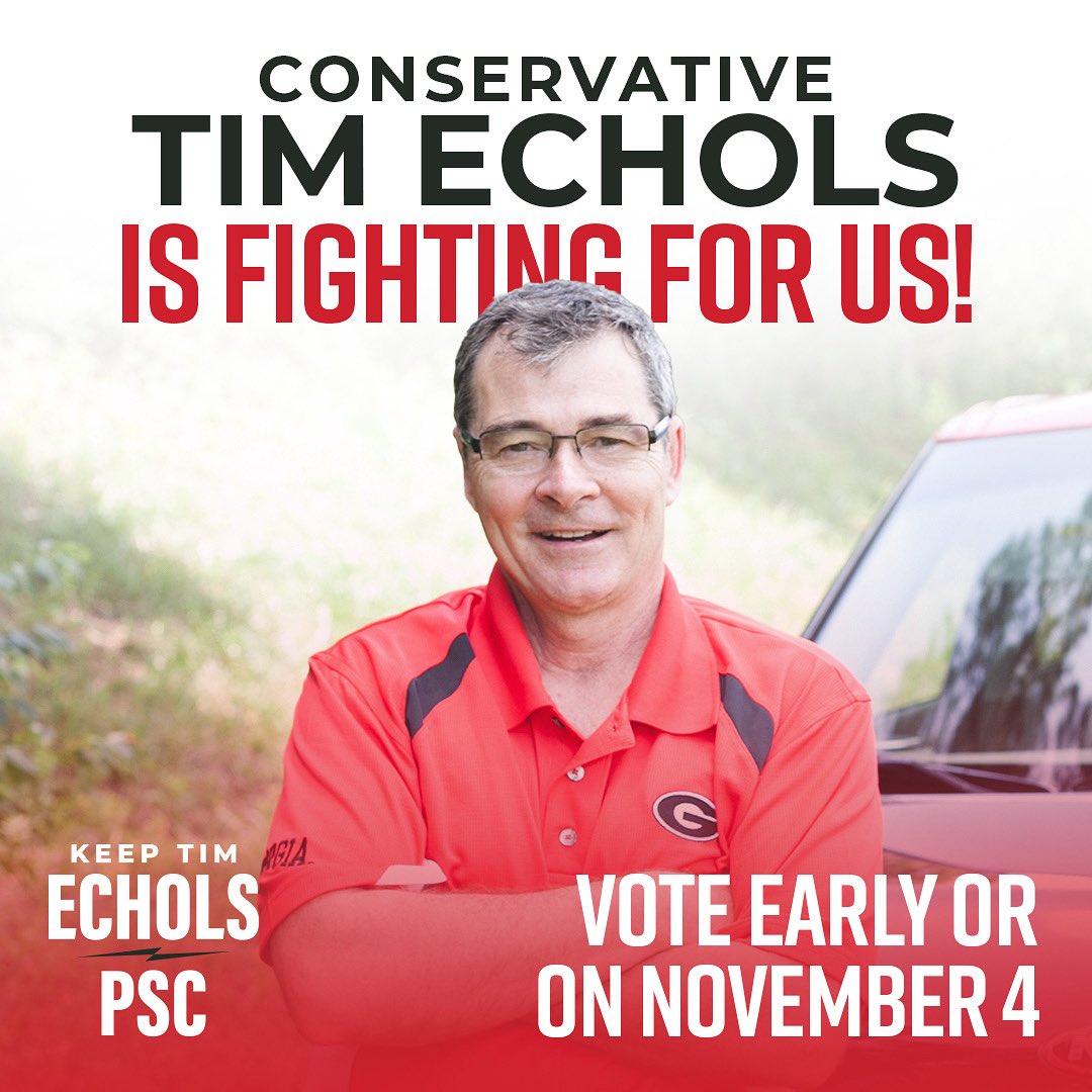 timechols's tweet photo. Georgia, it’s almost time. Early voting opens next week (October 14th). Make a plan, find your polling place, and be ready to cast your ballot to keep Tim Echols on the PSC. https://t.co/V3AKjTNqS1