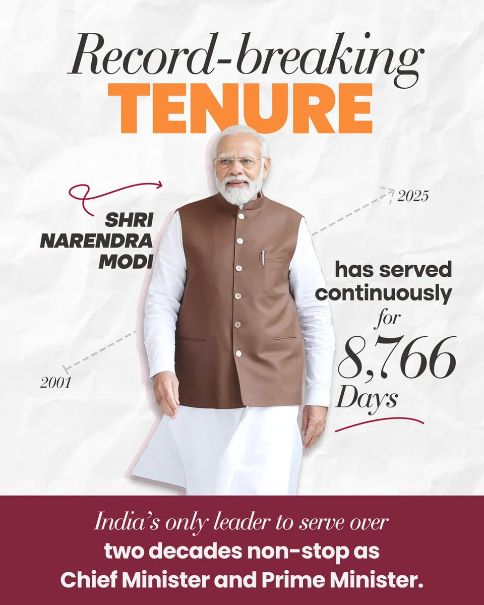 satnamsandhuchd's tweet photo. Narendra Modi - A name that embodies unparalleled dedication, devotion, decisiveness, determination, aura, charisma, longevity and power! 
Modi ji has now completed 24 years in public service, first, as the longest serving Chief Minister, and  now 12 years as the Prime Minister of India! He becomes the only leader who has continuously served for 8766 days without taking a break… a true reflection of a strong character, who stands undeterred.
Modi ji’s legacy will remember him as the only leader to garner massive support in terms of huge mandates he has been able to achieve every time he stood out to be chosen!
We wish to see Modi ji continue to be at the helm for years and years to come 🙏🏻